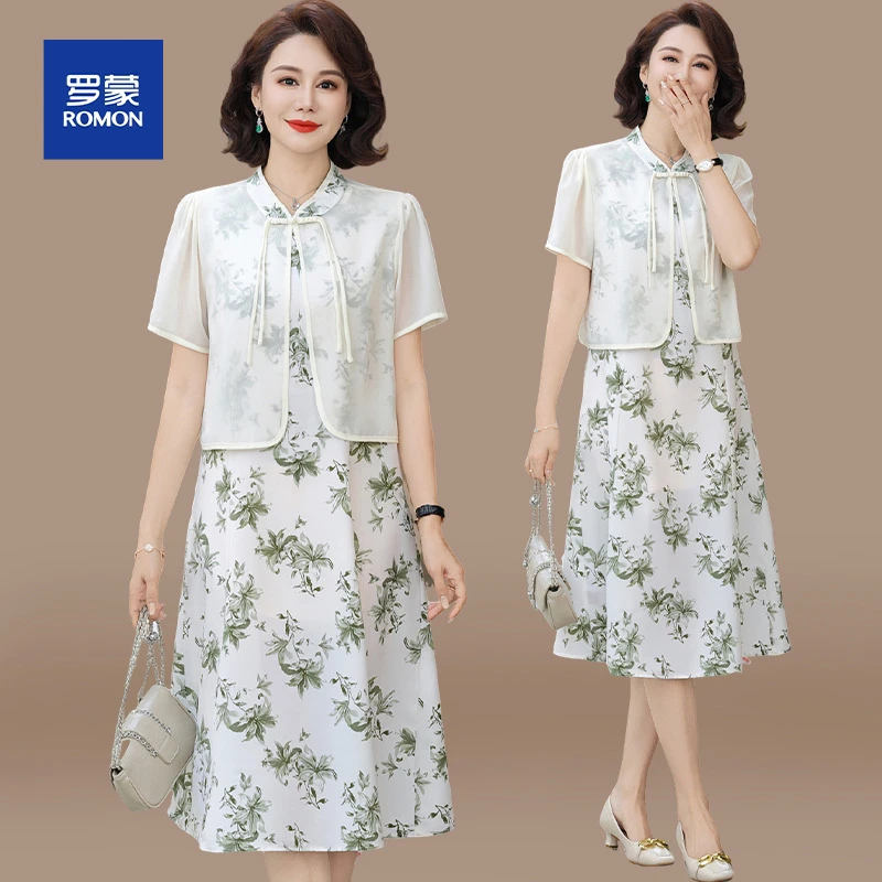 中年妈妈夏装连衣裙新中式雪纺裙2025新款中老年女装夏季短袖裙子