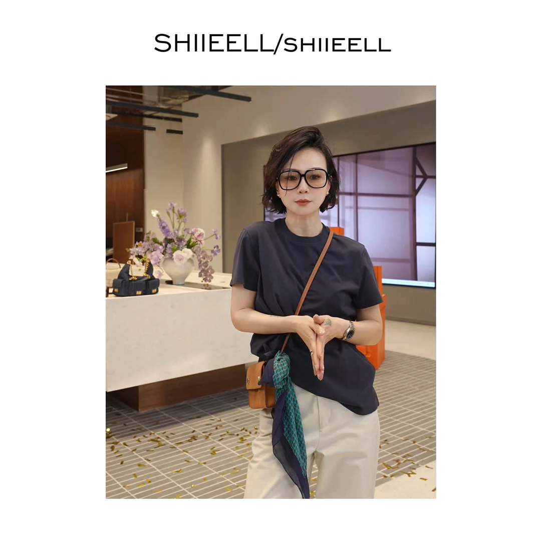 SHIIEELL现货 夏季出行质感藏蓝色时尚舒适宽松短袖圆领T恤W1027