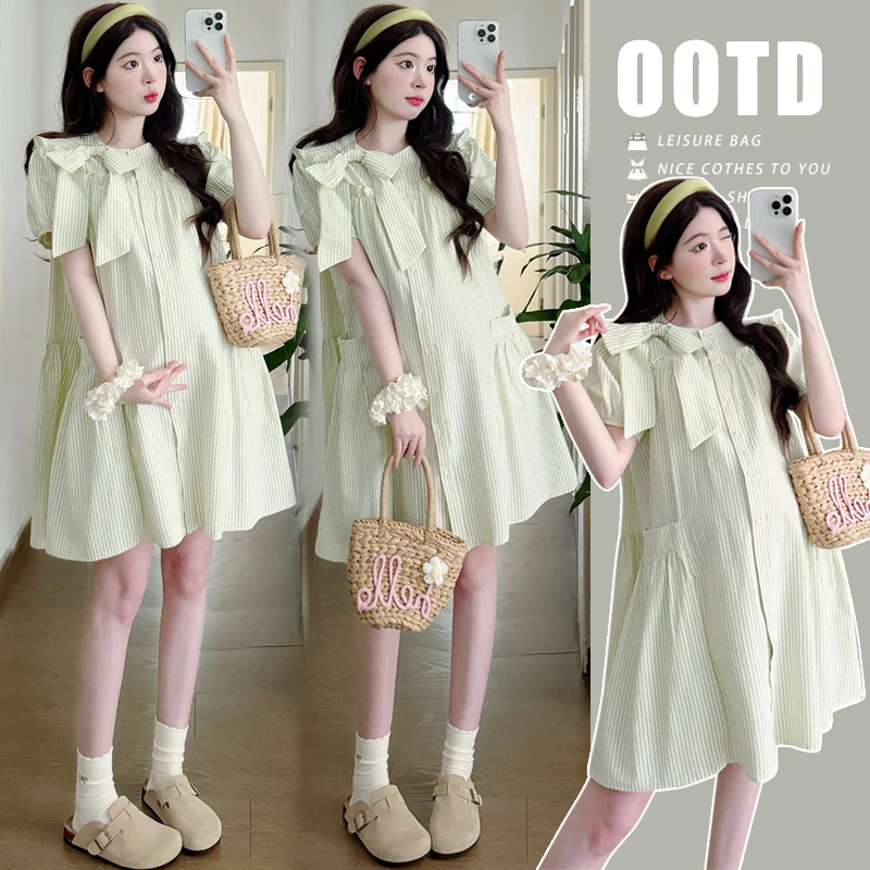 时髦孕妇装2025夏季新款温柔风蝴蝶结可爱减龄条纹减龄洋气连衣裙