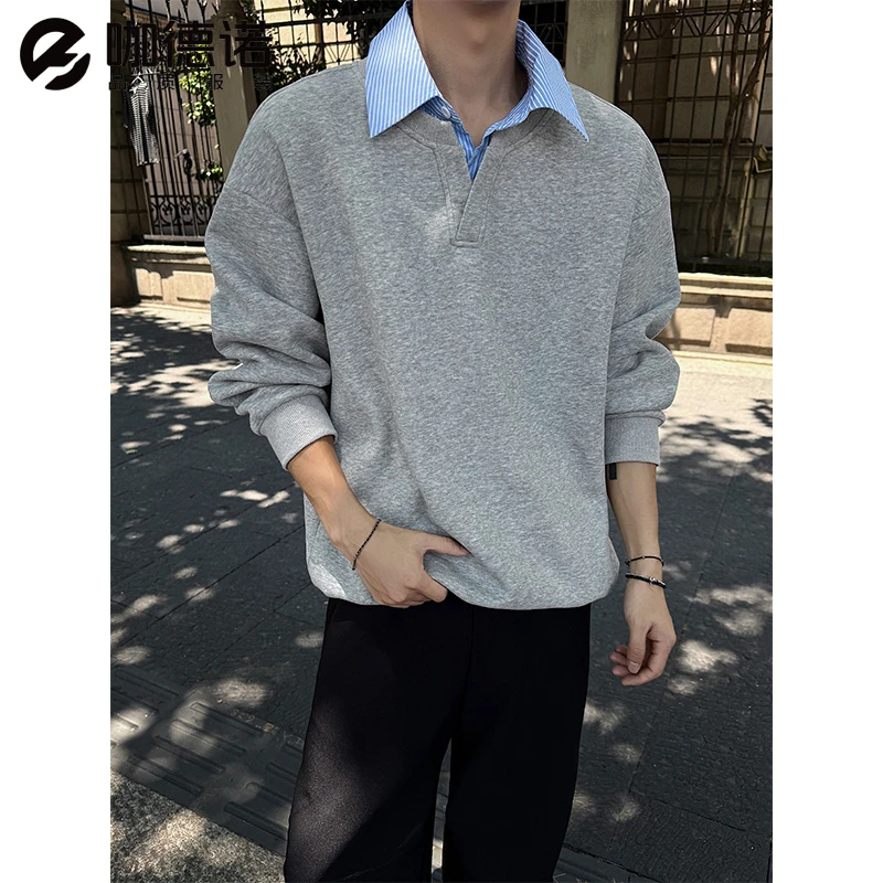 2025春秋新款重磅条纹拼接潮流假两件Polo领大码卫衣男款长袖休闲