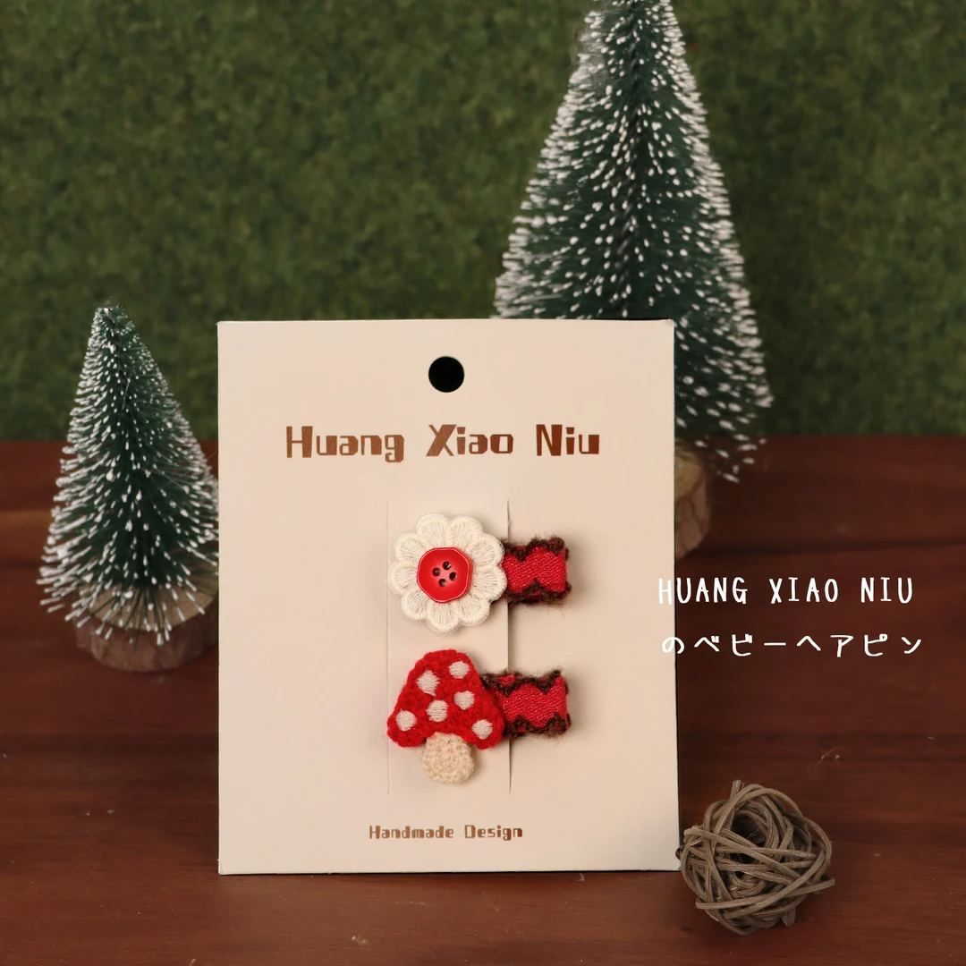 小众红色手工针织蘑菇儿童迷你发夹洋气婴儿不伤发全包布碎发夹