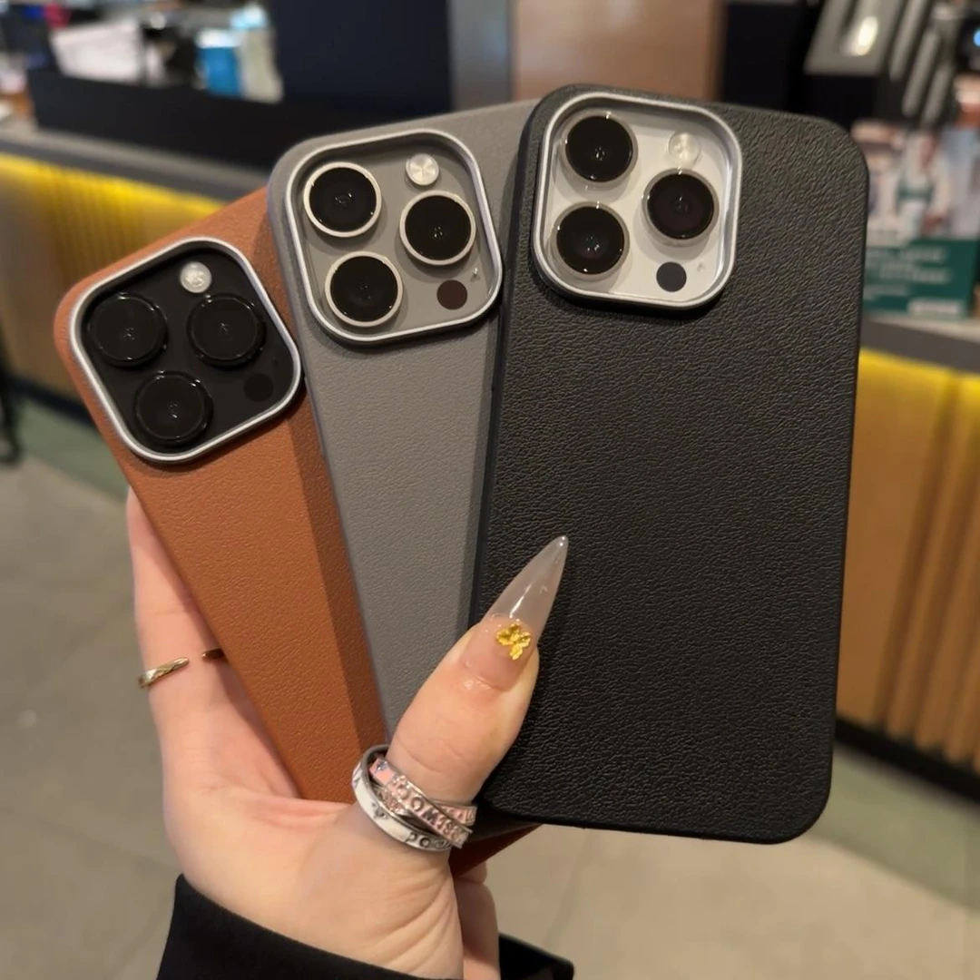 高级纯色皮纹电镀框手机壳适用iphone16promax简约苹果15保护套14
