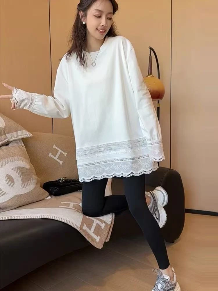 中长款蕾丝花边打底衫女装秋冬季2025年新款白色长袖t恤上衣女士