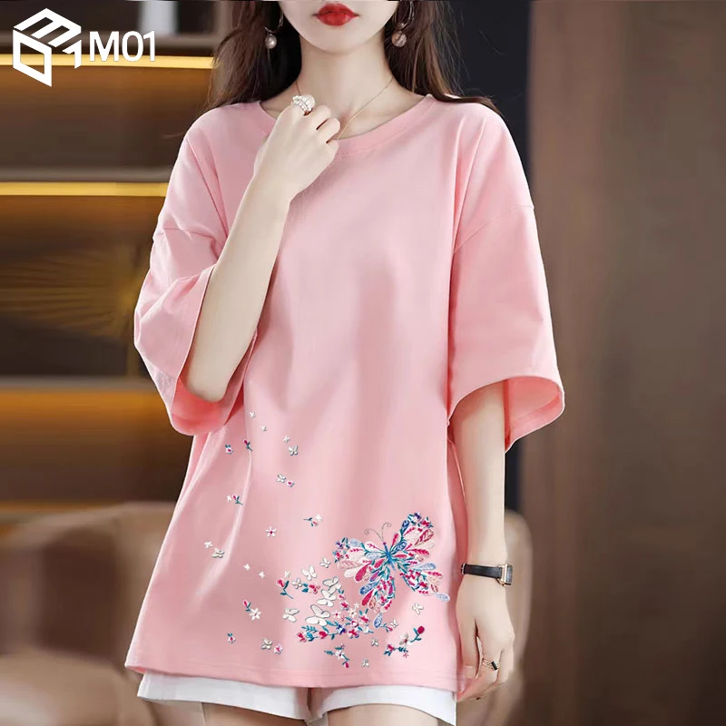 M01下衣失踪纯棉短袖白色t恤女夏2025新款宽松大版中长款半袖上衣