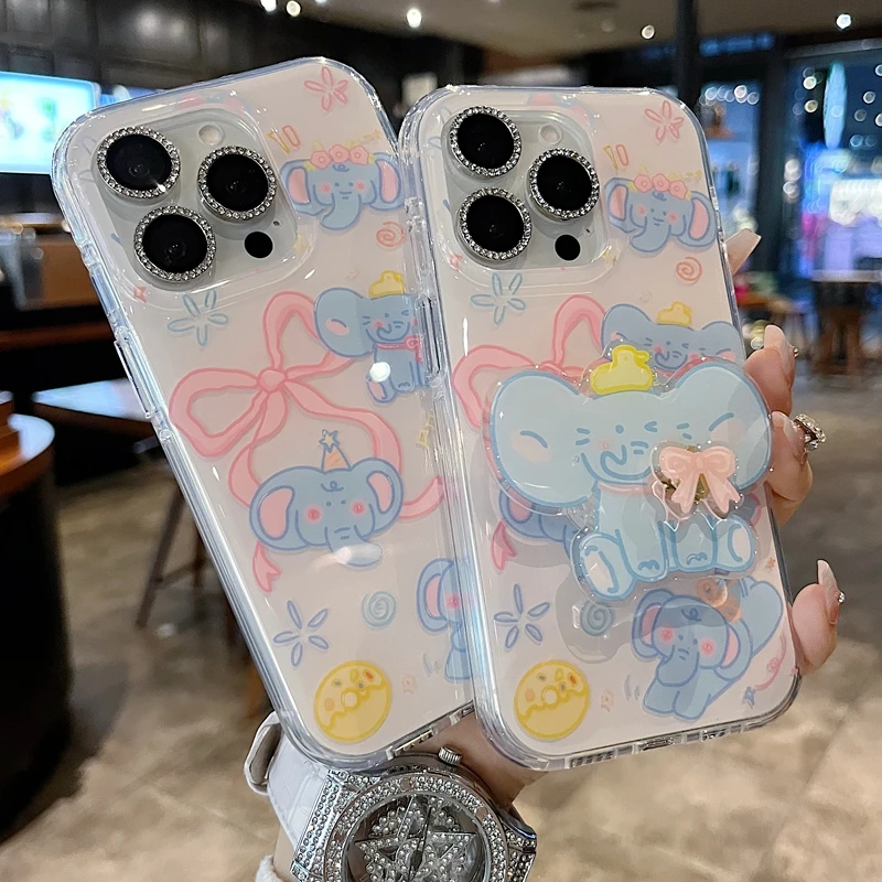 适用苹果系列iPhone16新款手机壳可爱卡通蝴蝶结小象半包防摔大孔