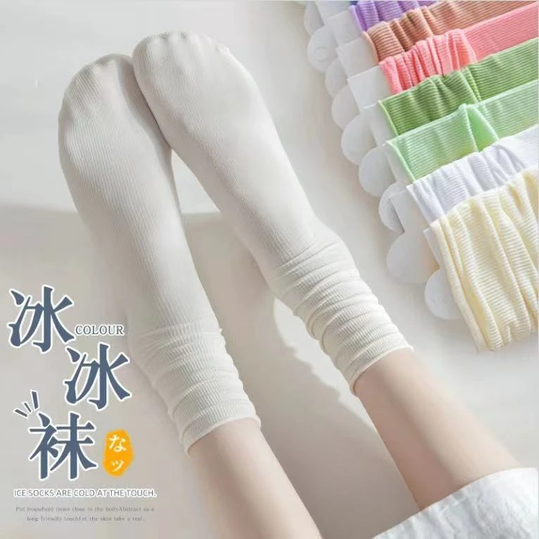日系网红堆堆袜子白色冰冰袜夏季薄款透气中筒袜纯色天鹅绒女袜潮
