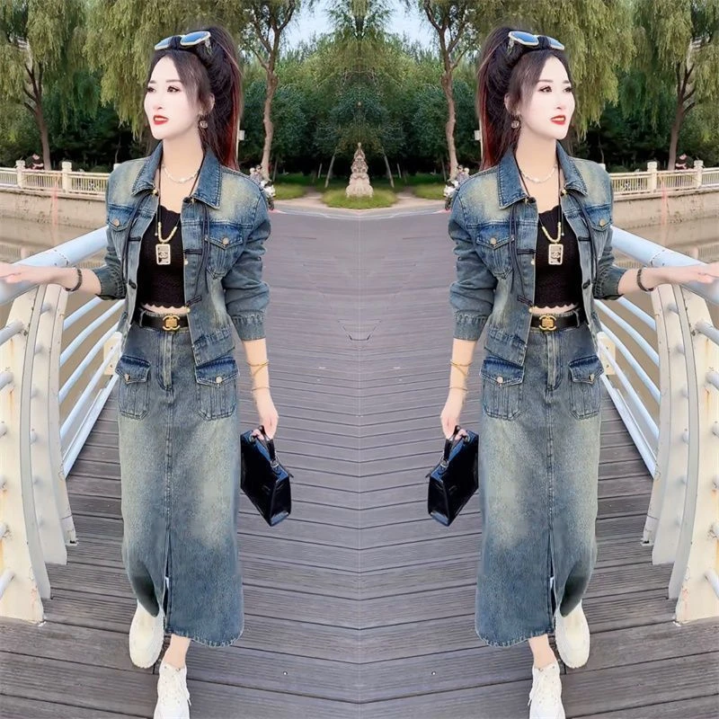 高级感洋气盘扣牛仔时髦2025早秋网红爆款女士两件套外套+半身裙