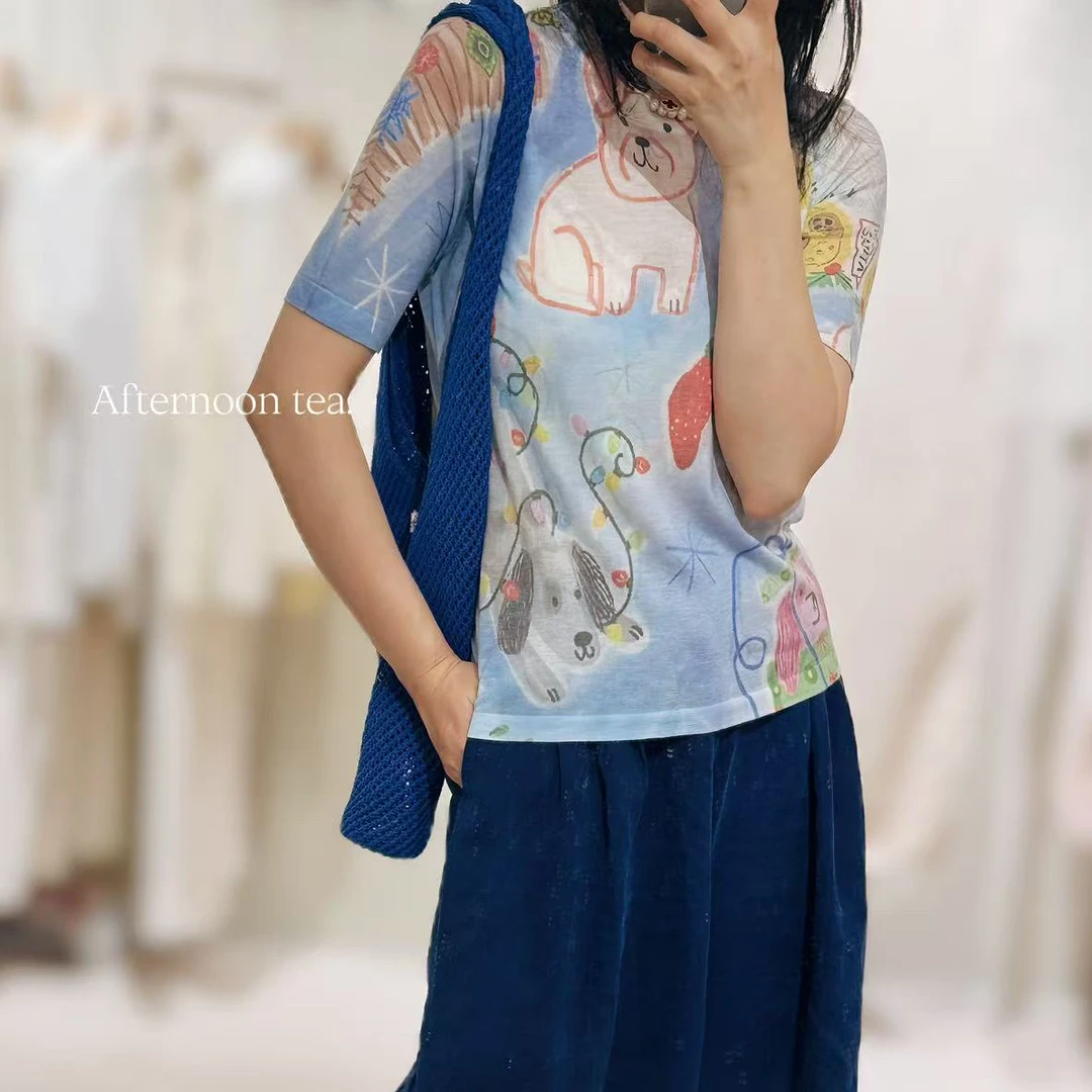 手绘涂鸦长袖水溶羊毛针织圆领开衫薄毛衣女3733