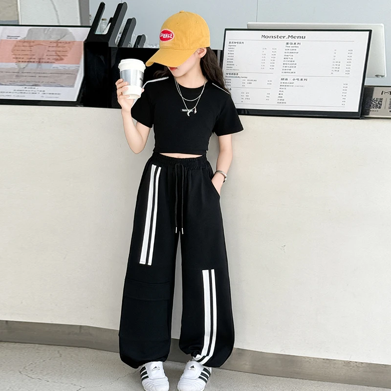 儿童女孩套装潮酷休闲运动夏季纯色中大童学生时髦潮流短袖工装裤