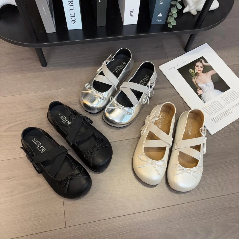 银色法式厚底浅口单鞋女夏季2025新款配裙子双蝴蝶结百搭玛丽珍鞋
