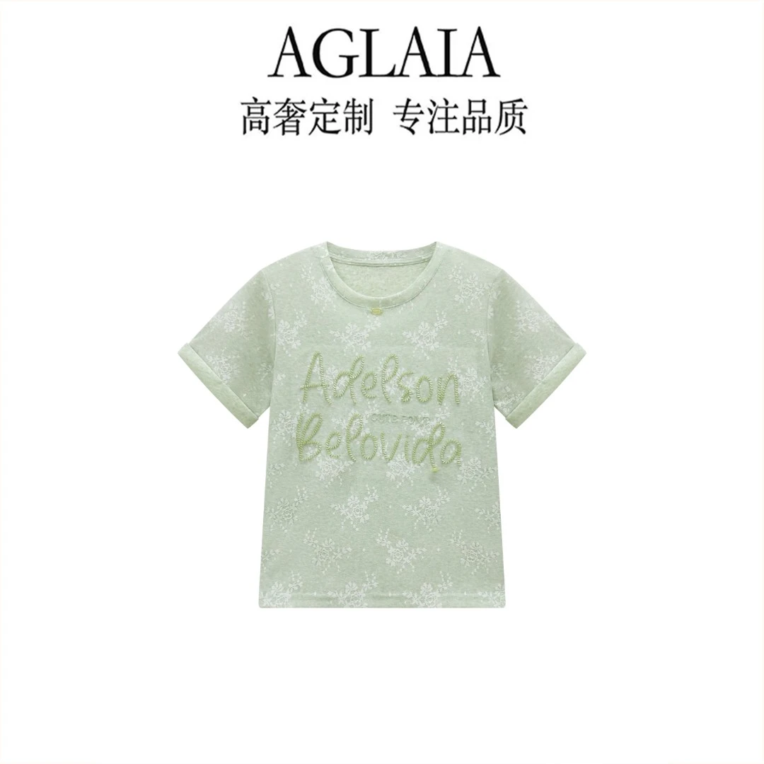 AGLAIA~2026夏季新款轻奢风蕾丝提花刺绣重工字母钉珠短袖T恤6923