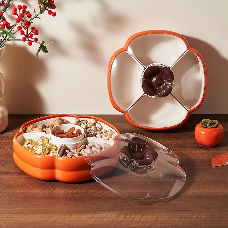 柿柿如意分格带盖果盒客厅茶几坚果糖果盒子中式家用客厅果盘