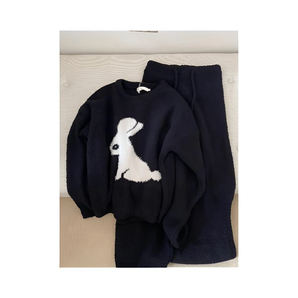 可爱兔子纯色半边绒睡衣套装女2024年新款秋冬季加厚家居服可出门