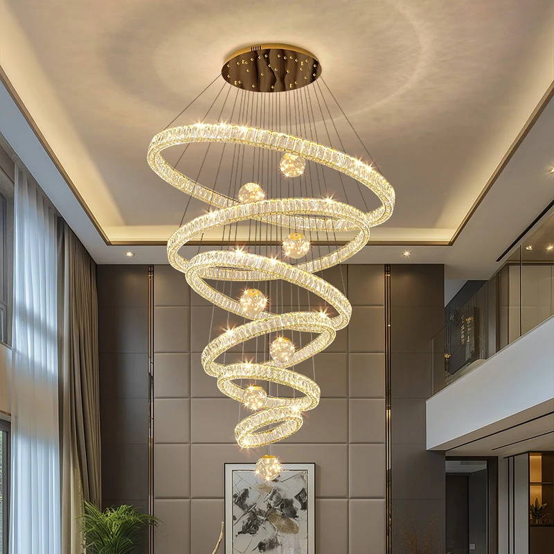 包安装别墅挑空客厅轻奢高档楼梯间跃层挑高水晶复式楼中空大吊灯