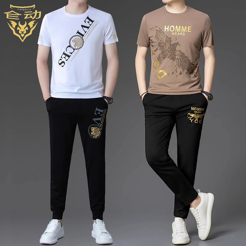 新款夏季男士透气短袖套装男装休闲运动圆领T恤两件套潮流男衣服