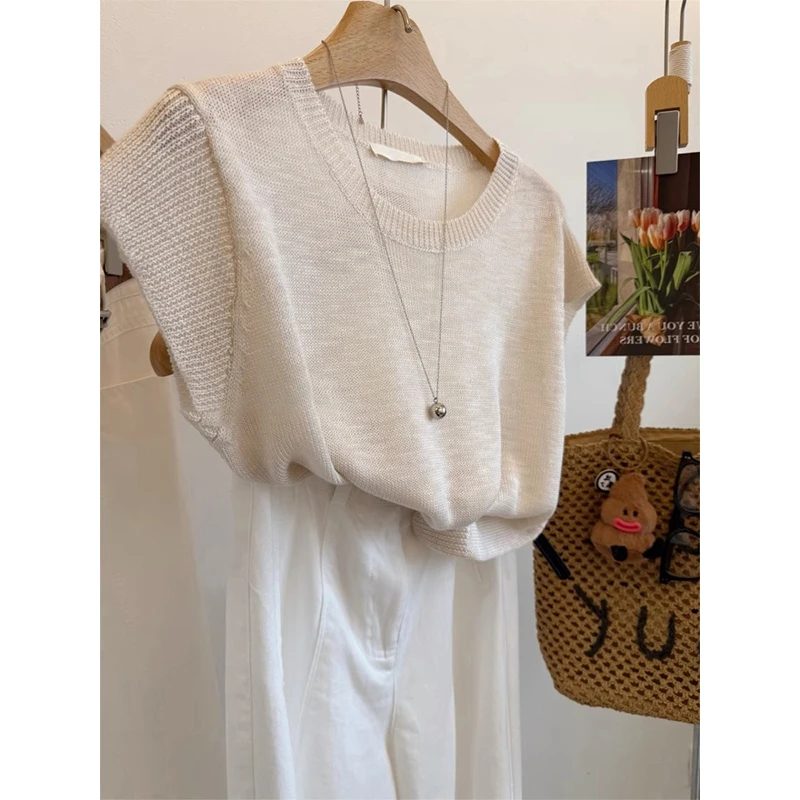 法式百搭小飞袖冰丝凉感针织衫女夏季别致小个子短款显瘦薄款上衣