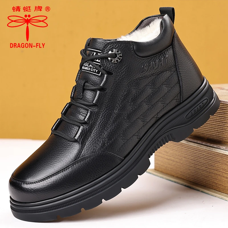 【正品】蜻蜓牌冬季新款系带保暖男靴防滑真皮户外耐磨休闲雪地靴