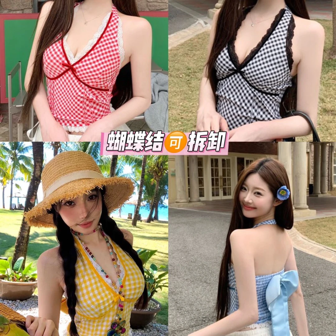 V领蕾丝拼接格纹带胸垫纯欲吊带背心挂脖露背（衣长44）