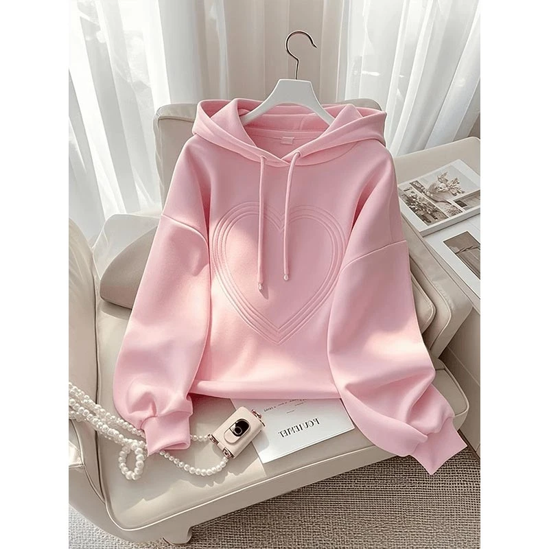 时尚洋气设计感上衣韩系粉色连帽卫衣春秋季女2025年新款通勤纯色