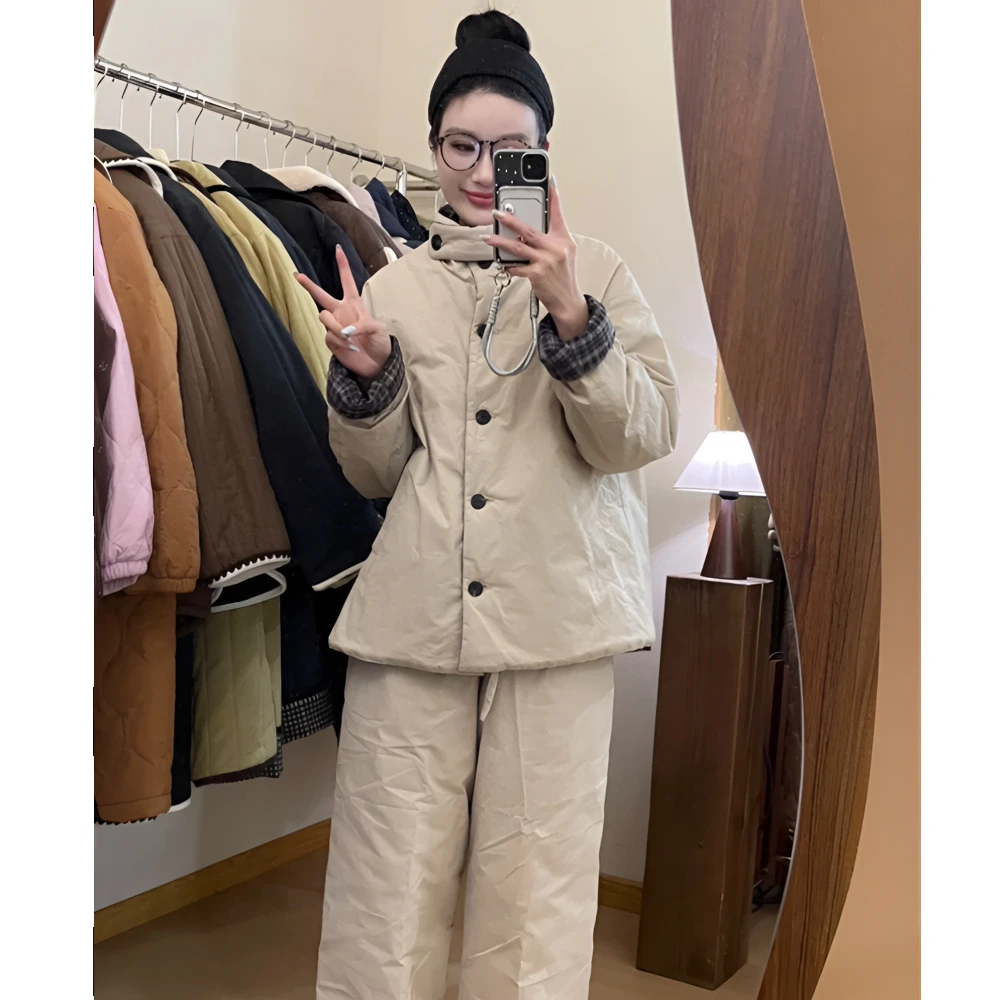 韩系纯色情侣款双面夹棉睡衣女冬款新款加厚棉服保暖家居服套装