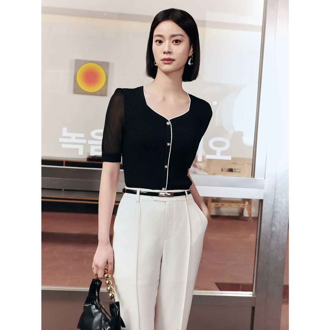 商场同款JZ玖姿法式复古简约花边针织衫女装2024夏新款JZEX31211