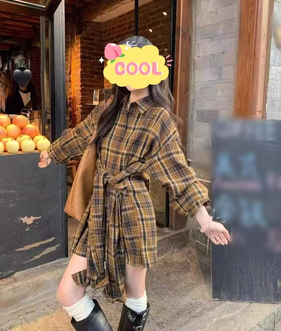 大码美式撞色格子长袖衬衫裙早秋系带收腰显瘦连衣裙9761#