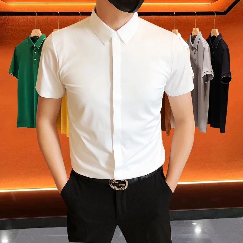 夏季男士时尚免烫抗皱商务短袖衬衫弹力职业正装休闲男士白色衬衣