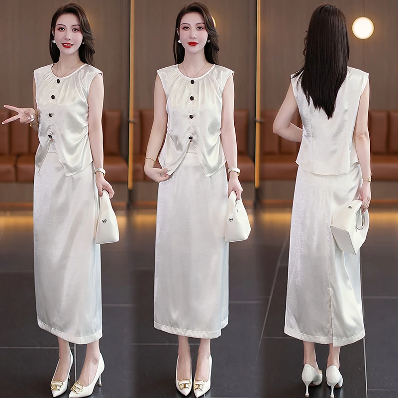 轻熟风缎面无袖时尚套装女2025夏季新款气质小衫优雅半身裙两件套