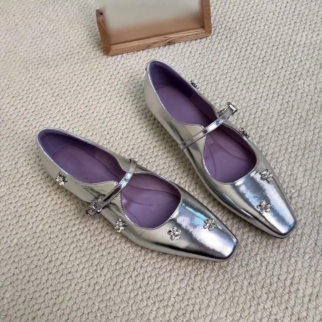 羊皮版~法式小方头水钻花朵玛丽珍鞋女一字带气质浅口内增高单鞋