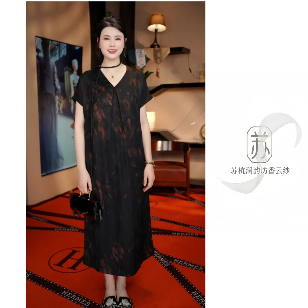 【黑色雅韵】中国风刻丝提花萝V领长款品质女装连衣裙