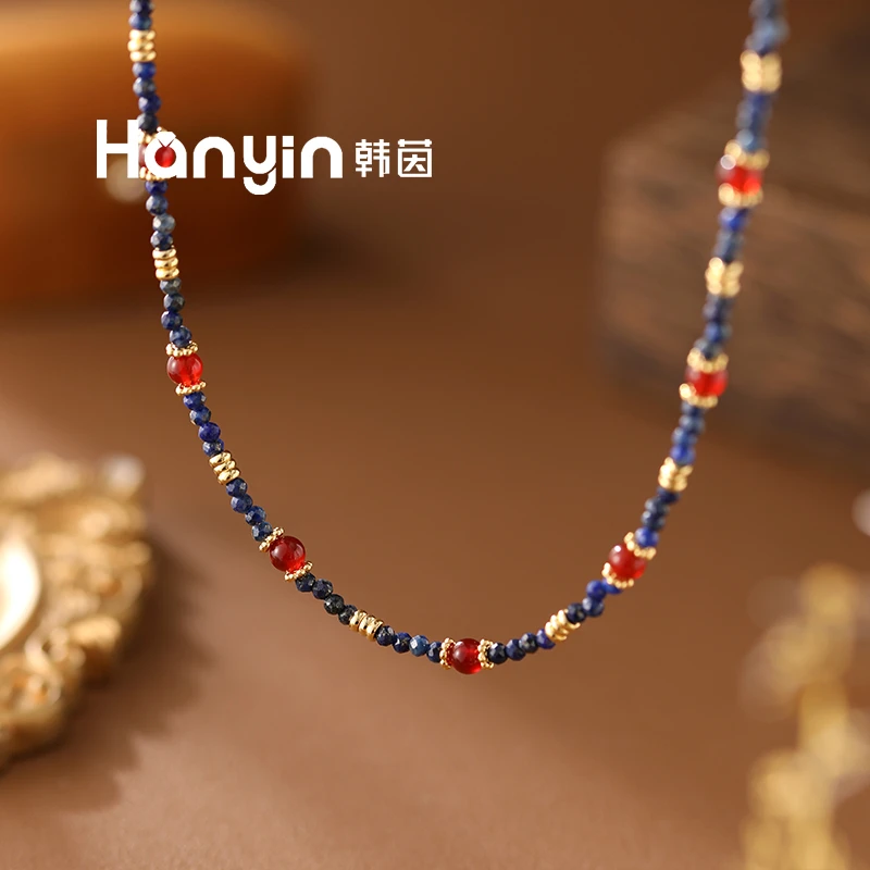 46cm/4mm红玛瑙搭配2mm极细手工多切面青金石百搭原创项链