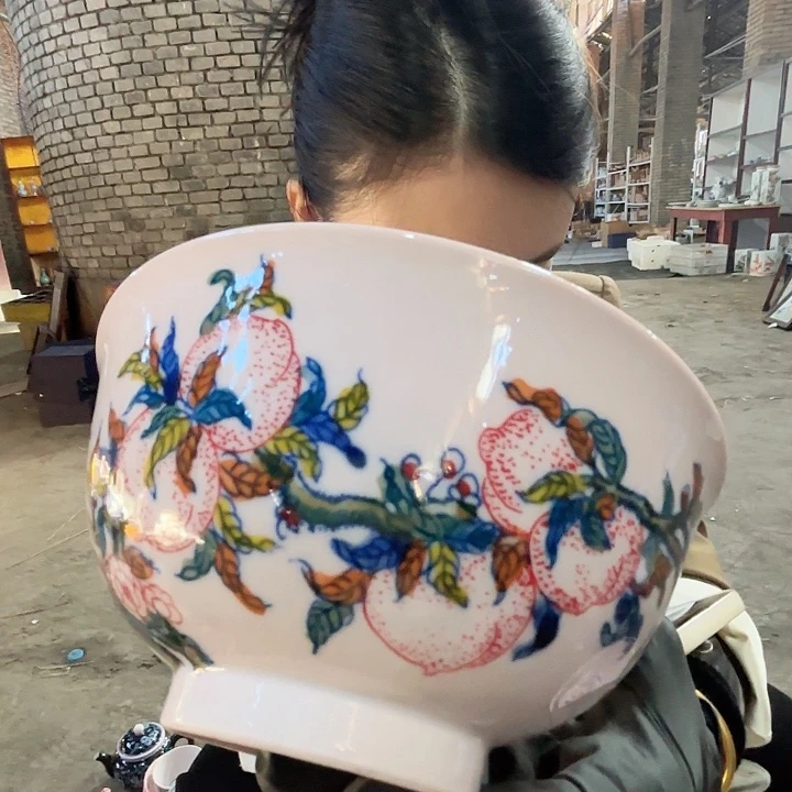 摆件景德镇高温陶瓷九桃五福6寸碗红希希
