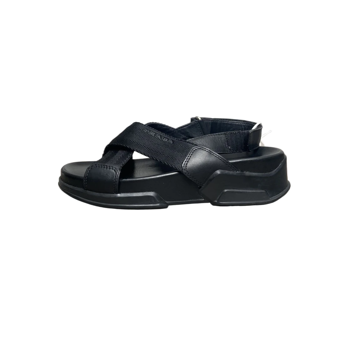 95新 Prada/普拉达 36码  黑色绑带凉鞋  re9059