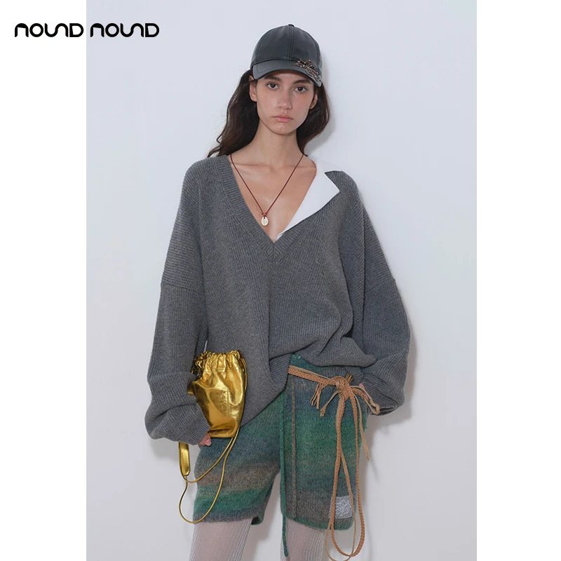 【MEDIUM WELL】nound买手店百搭时尚粗针V领廓形毛衣女24秋冬新款