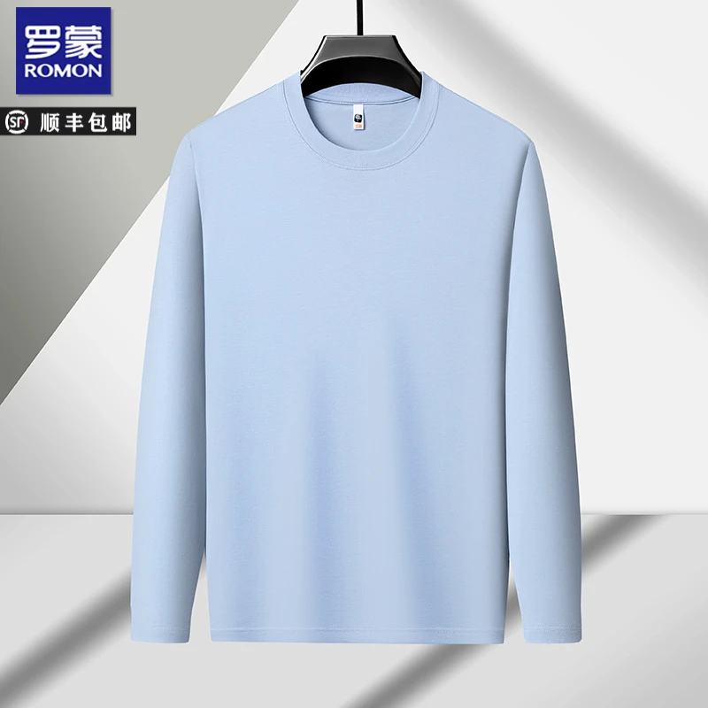 罗蒙秋季高级感纯色简约长袖T恤男时尚休闲宽松圆领百搭男士潮T衫