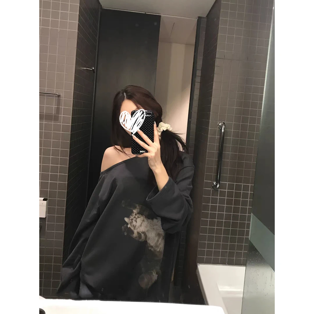 猫咪印花宽松休闲斜肩卫衣秋季美式复古长袖上衣豹纹宽松阔腿裤