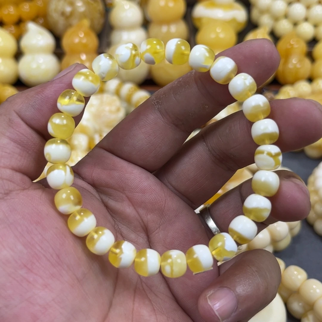 手串琥珀未镶嵌金瓷白聚宝盆老邢手串8mm