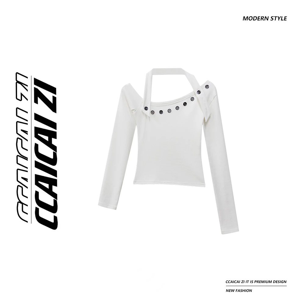 [no退no换]CCA214【辣妹猎手】斜肩不规则挂脖纽扣长袖上衣带子可拆