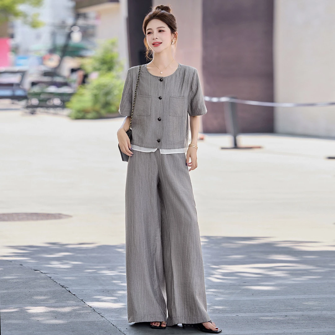 新款休闲薄款夏季轻奢气质开衫阔腿裤套装两件套粘胶纤维裤子夏装
