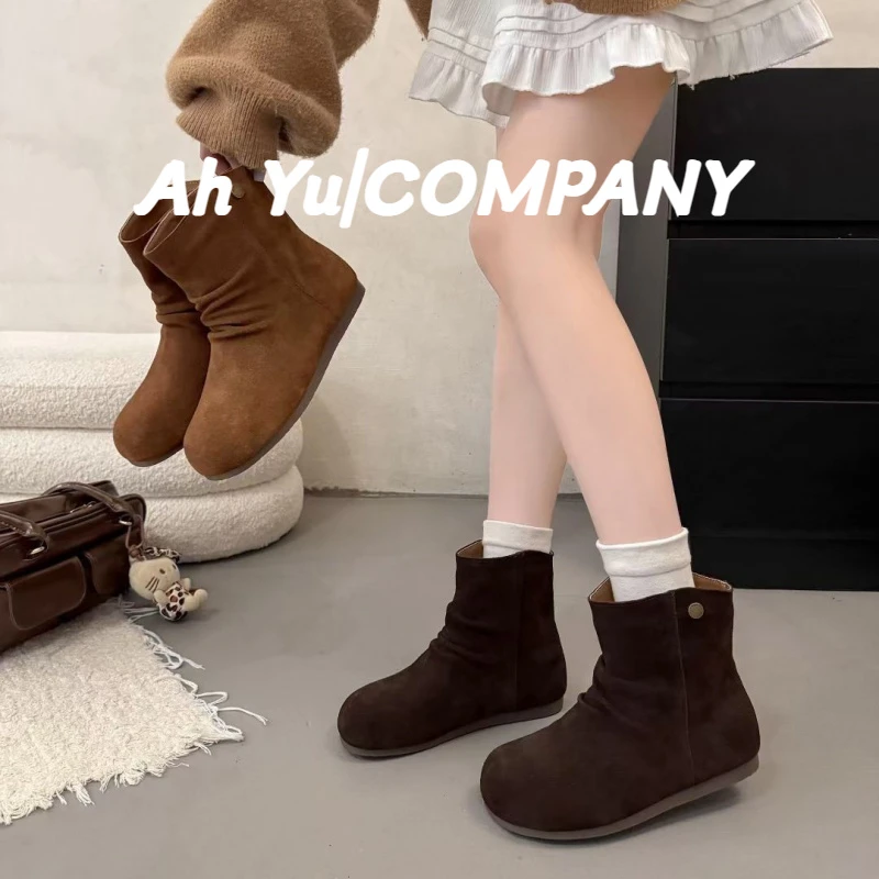 韩版真皮褶皱勃肯堆堆靴女2025秋季新款时尚百搭轻便增高休闲短靴