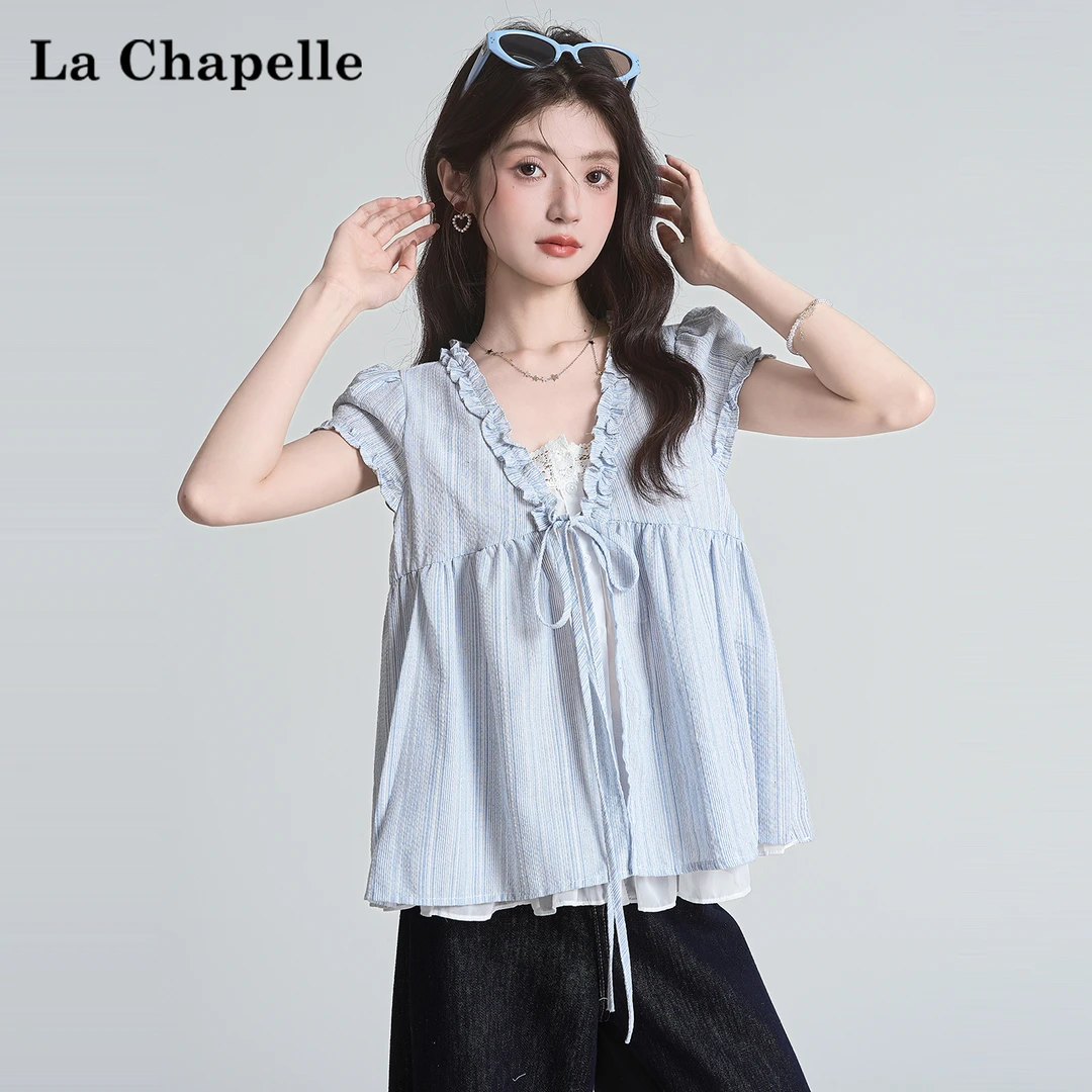 拉夏贝尔法式蓝色假两件木耳边衬衫女夏设计感宽松短袖娃娃衫上衣