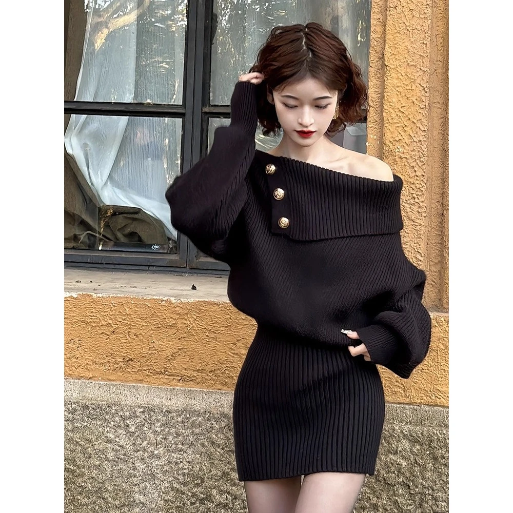 溪溪靓衫 ootd穿搭女秋季巨好看一字肩毛衣短款包臀裙针织