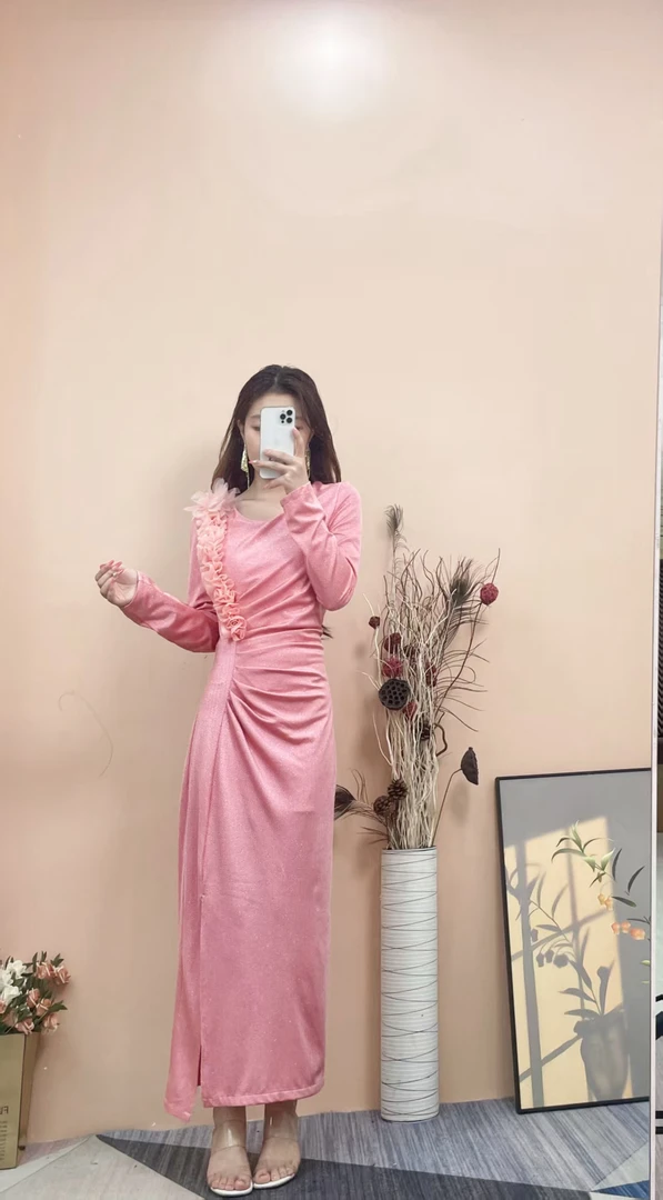 [依易原创]法式高定立体花朵设计感褶皱收腰修身开叉长裙C0312