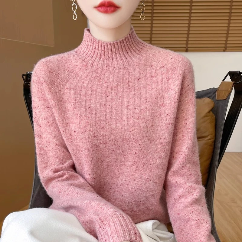 一线成衣针织纯羊毛衫女半高领点子纱宽松套头毛衣显瘦上衣M851