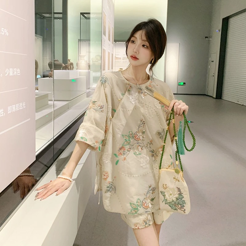 夏季新中式国风刺绣时尚套装女短袖短裤一套复古气质百搭宽松套装
