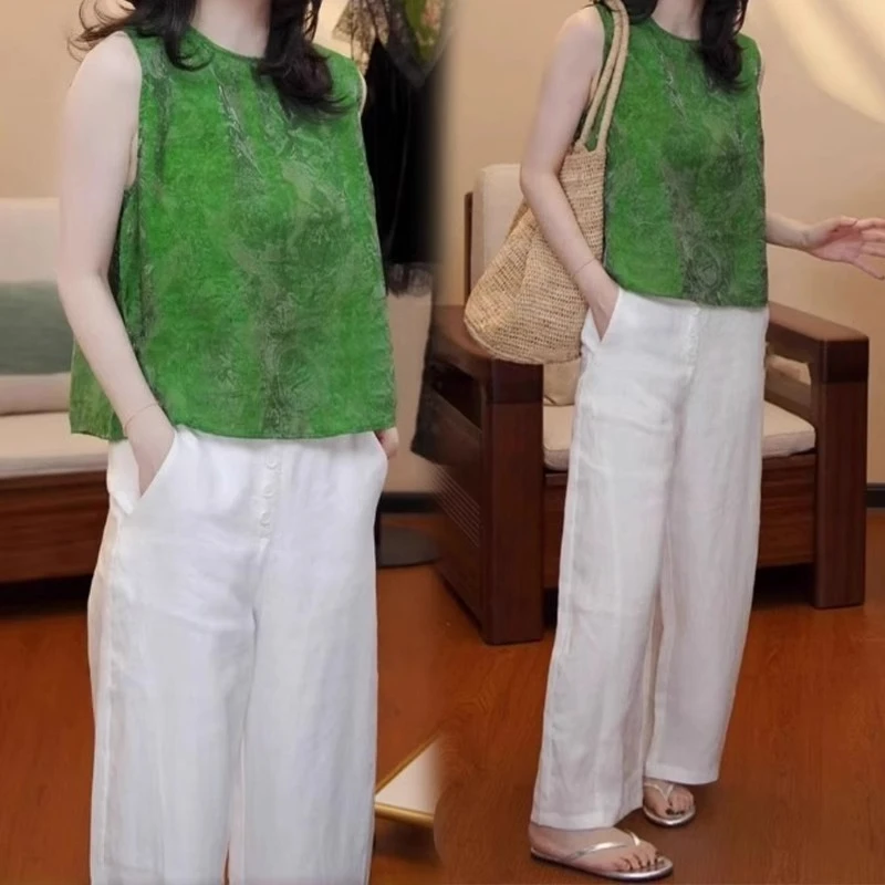 夏季新款新中式温婉大方风复古圆领马甲短袖上衣套装懒惰风休闲裤