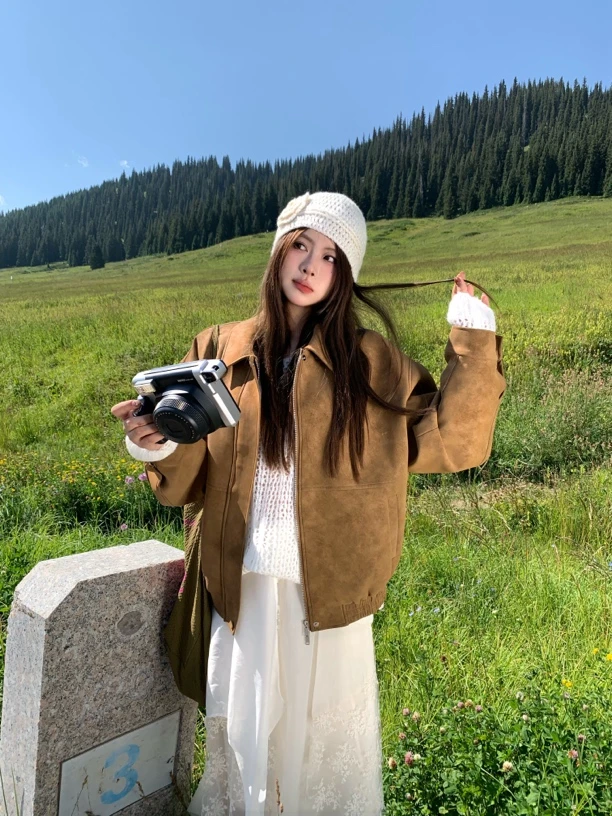 宅宅athome//【藤姐同款】复古麂p外套美式翻领宽松休闲上衣夹克