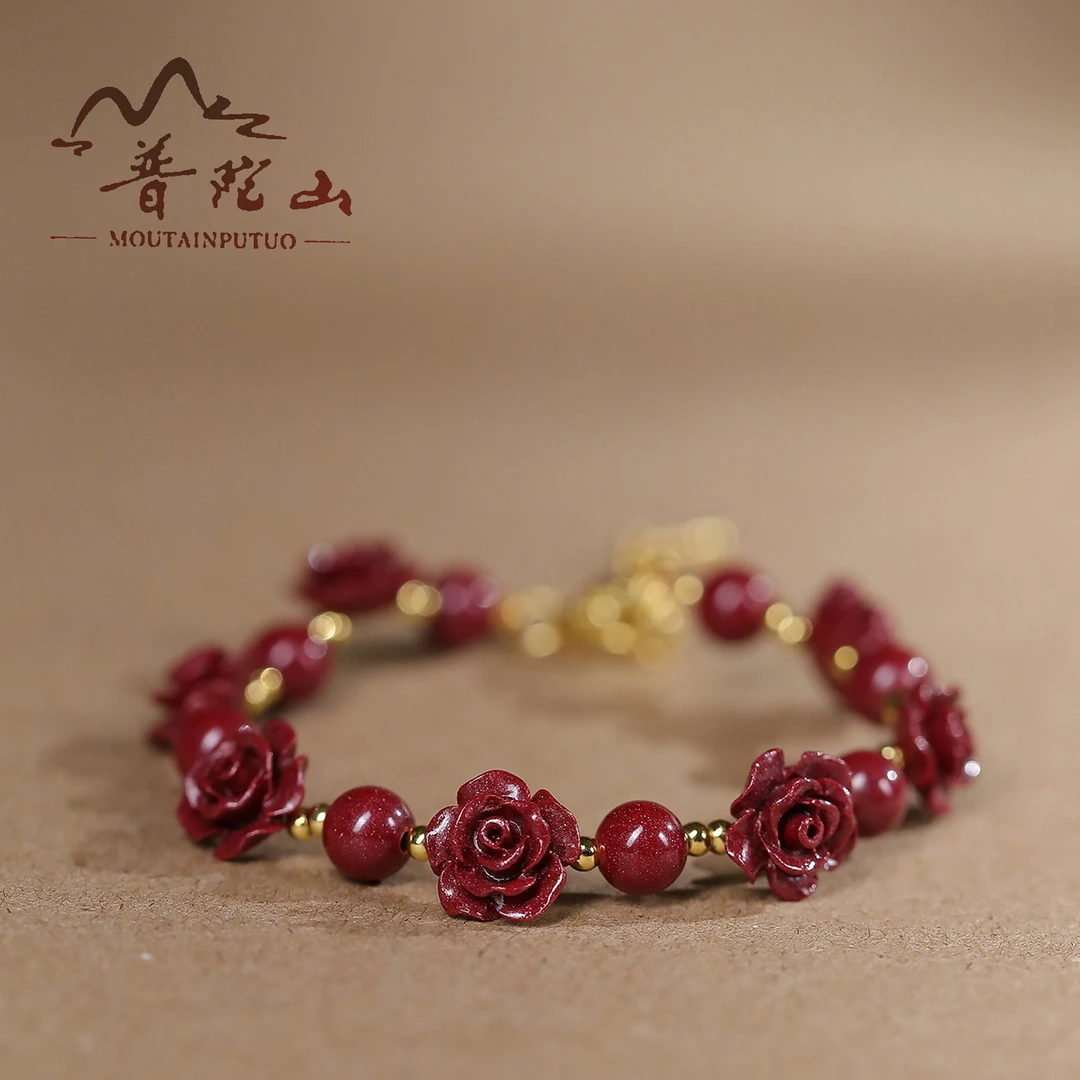 【普陀山文创饰品】手链玫瑰花一路生花花开富贵（朱砂）