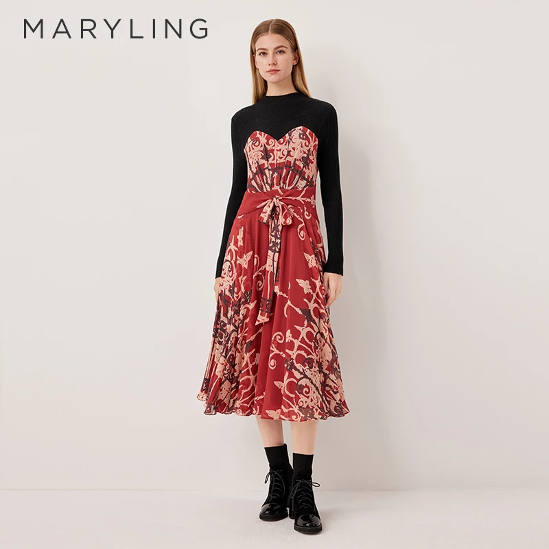 MARYLING玛俪琳2025冬季新品优雅红粉窗花收腰连衣裙A1FHW61610