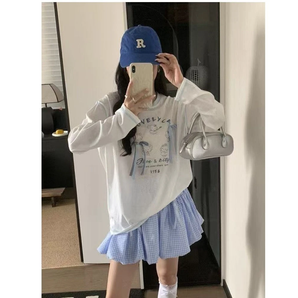 退补4-6夏季新款宽松印花蝴蝶结长袖薄款T恤女罩衫防晒上衣